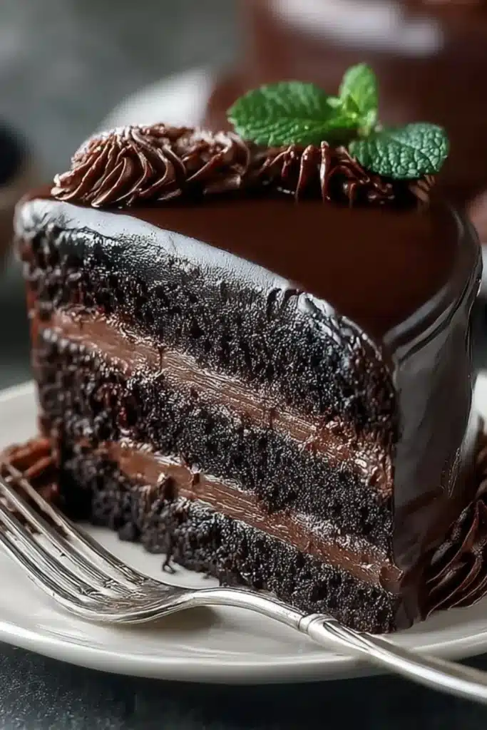 Delicious slice of Midnight Fudge Cake topped with chocolate drizzle