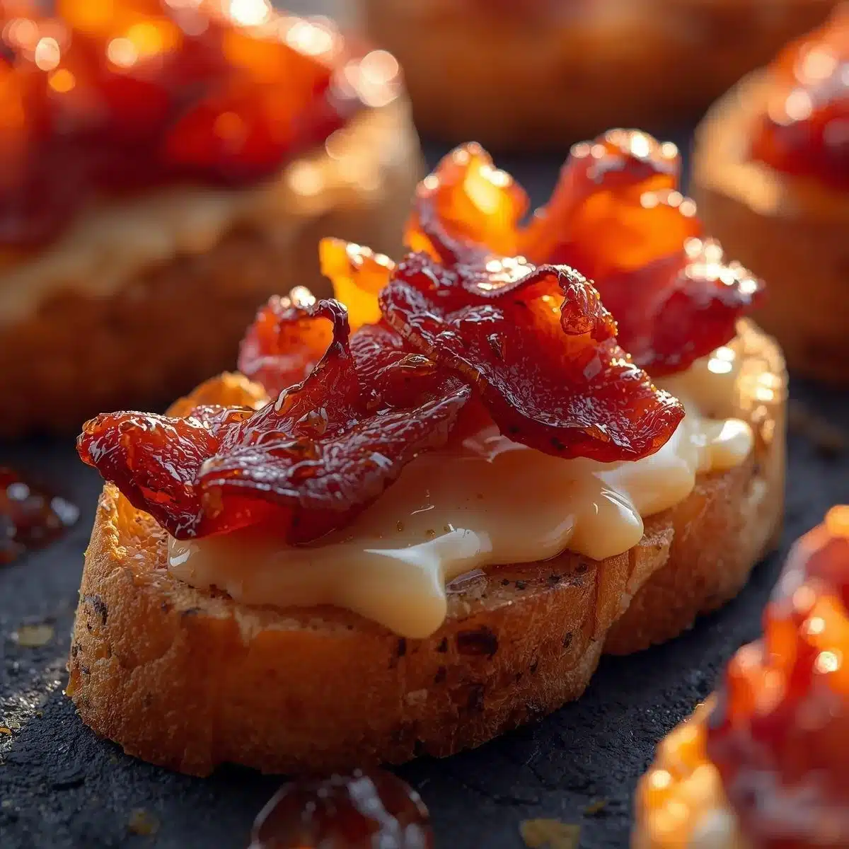 Delicious Million Dollar Bacon Crostini garnished with herbs and spices