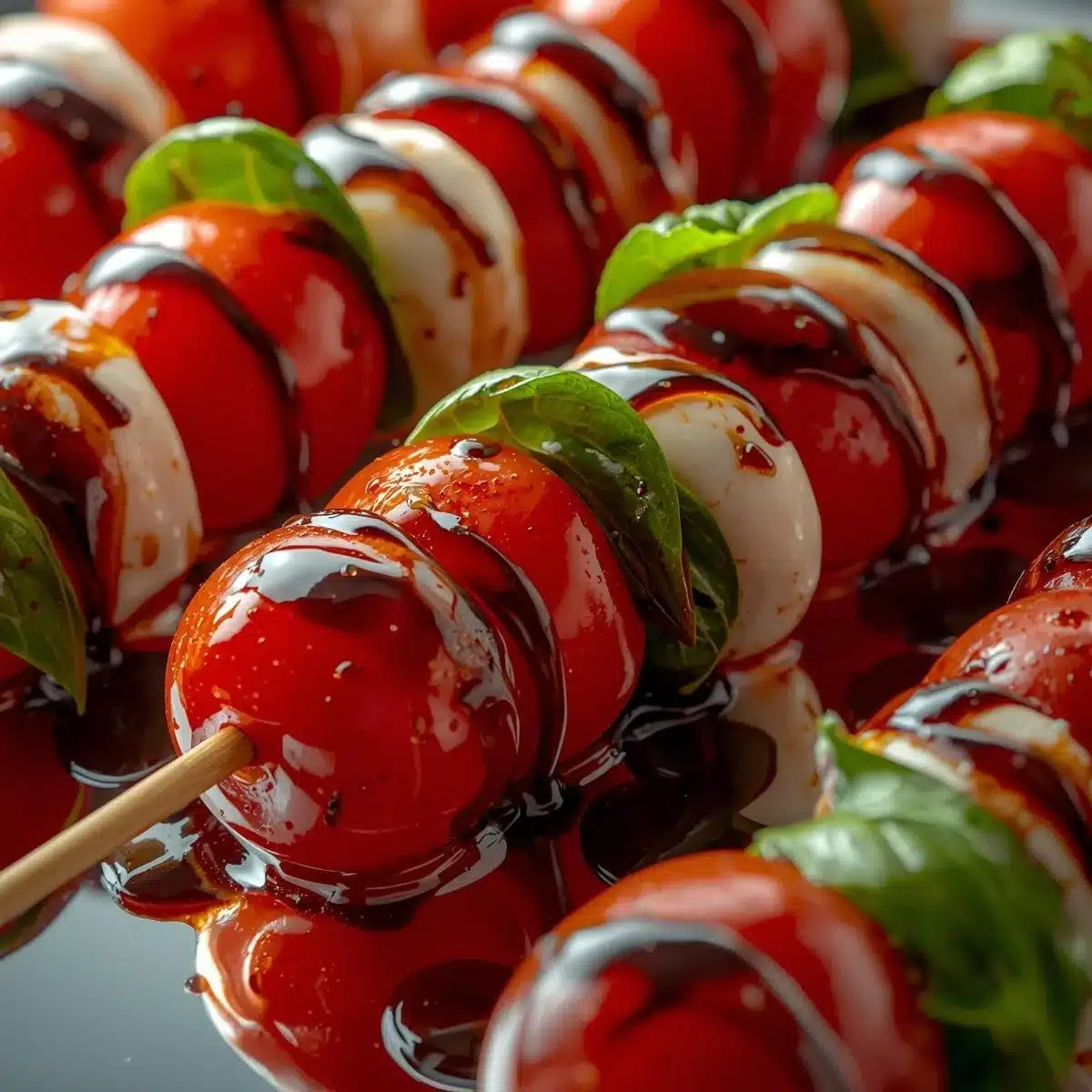 Mini Caprese Skewers with Balsamic Glaze served on a platter