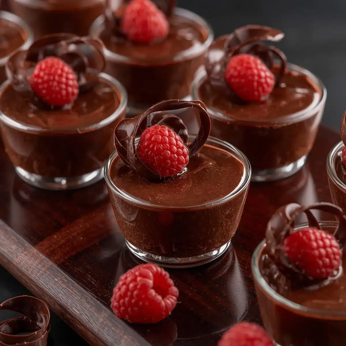 Mini No-Bake Chocolate Mousse Cups topped with chocolate shavings