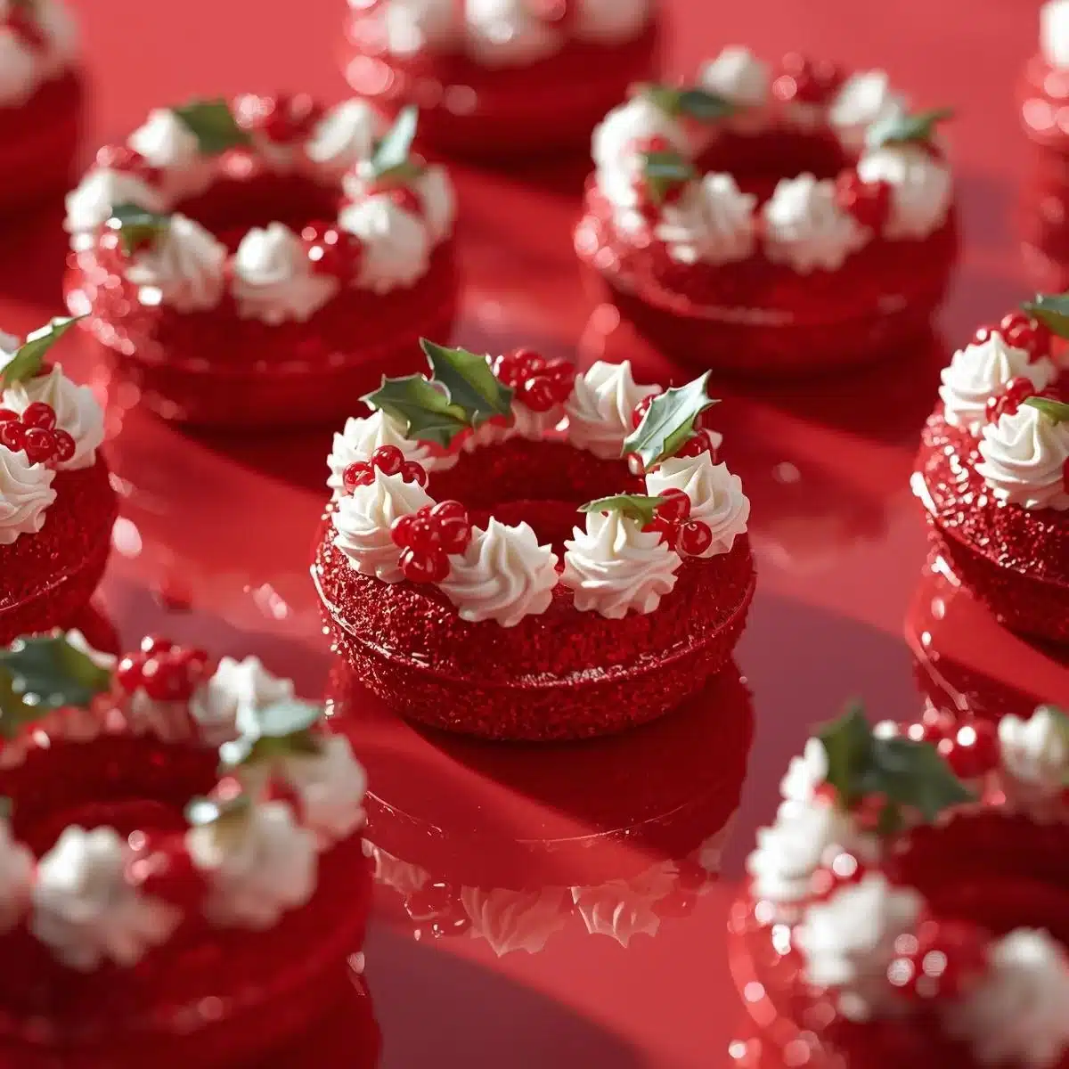 Mini red velvet wreath cakes decorated for festive occasions
