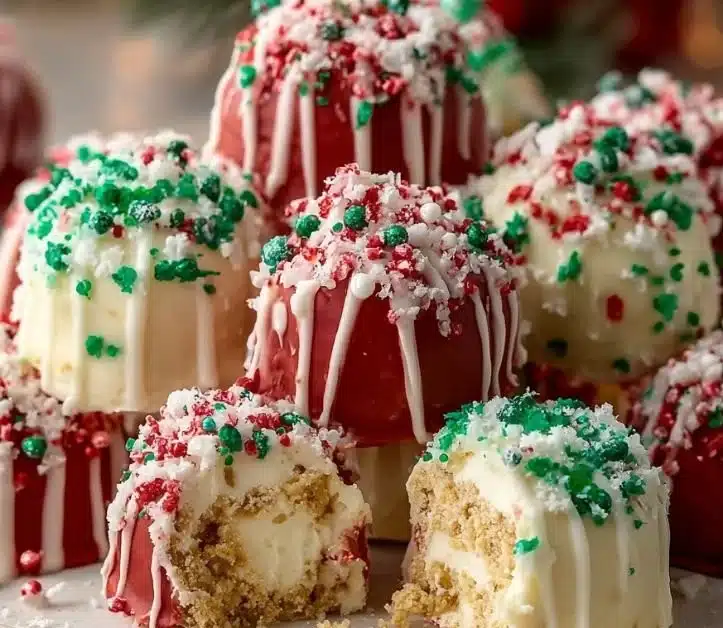 No-bake Christmas cheesecake bites decorated for the holiday season