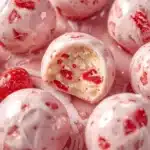 No-Bake Strawberry Cheesecake Protein Balls served on a plate