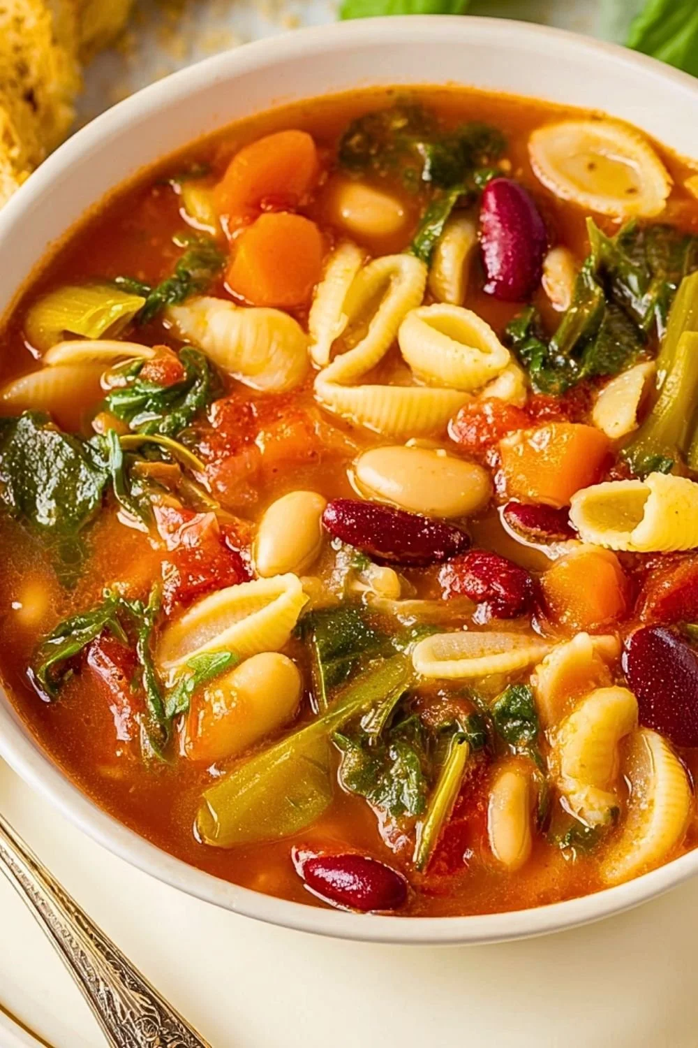 Bowl of Olive Garden minestrone soup with fresh vegetables and beans