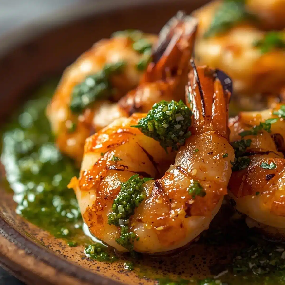 Pan seared chimichurri shrimp garnished with fresh herbs on a plate