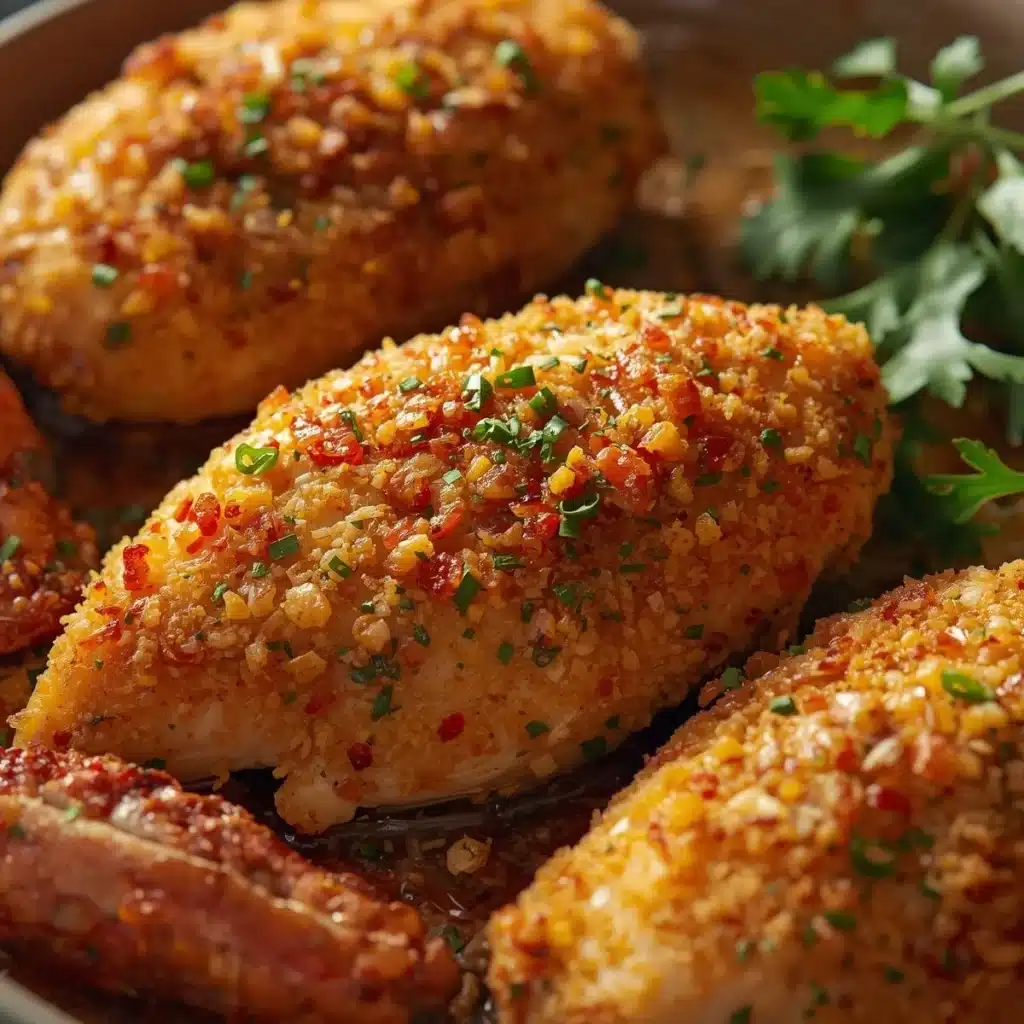 Delicious Parmesan Crusted Chicken garnished with herbs and served on a plate