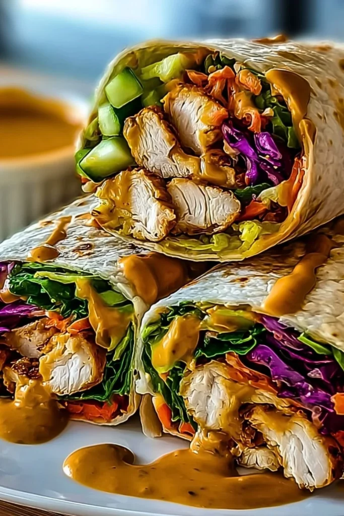 Peanut Chicken Wraps with fresh vegetables and savory peanut sauce