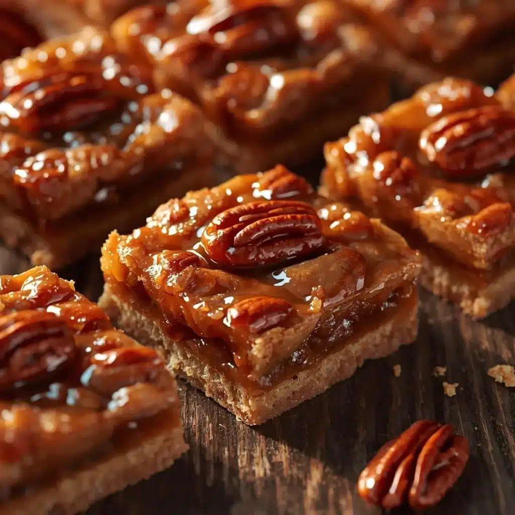 Pecan pie bars topped with caramel and pecans on a plate