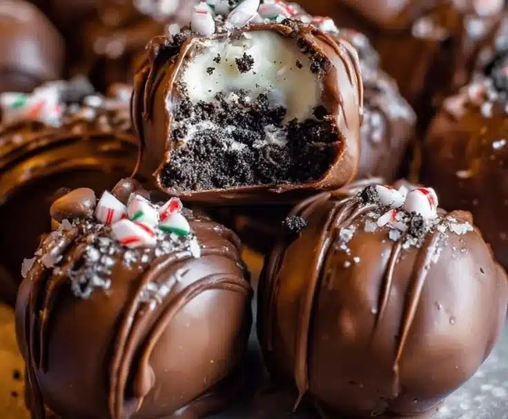 Delicious Peppermint Oreo Truffles decorated with crushed peppermint candy.