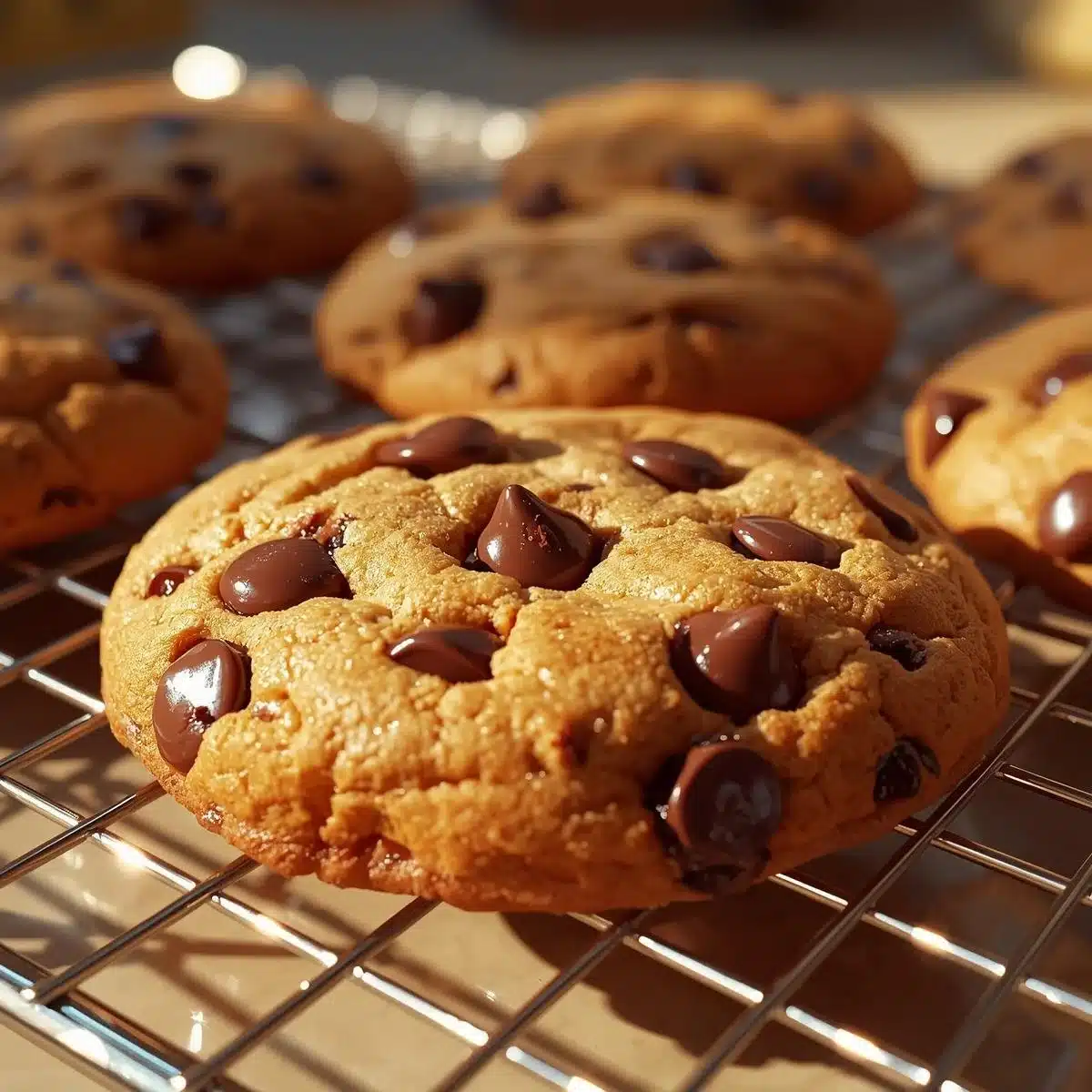 Baked perfect chocolate chip cookies on a cooling rack