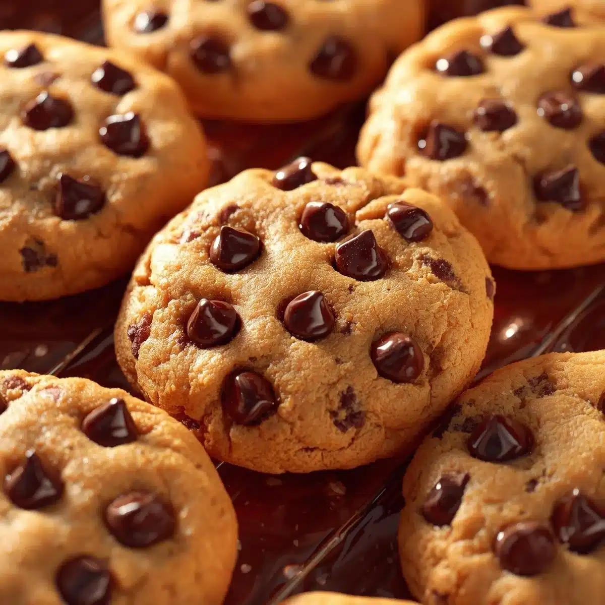 Freshly baked perfect chocolate chip cookies on a cooling rack