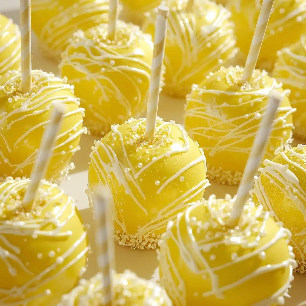 Pineapple Lemonade Candy Apples on a table, showcasing vibrant colors and glossy finish