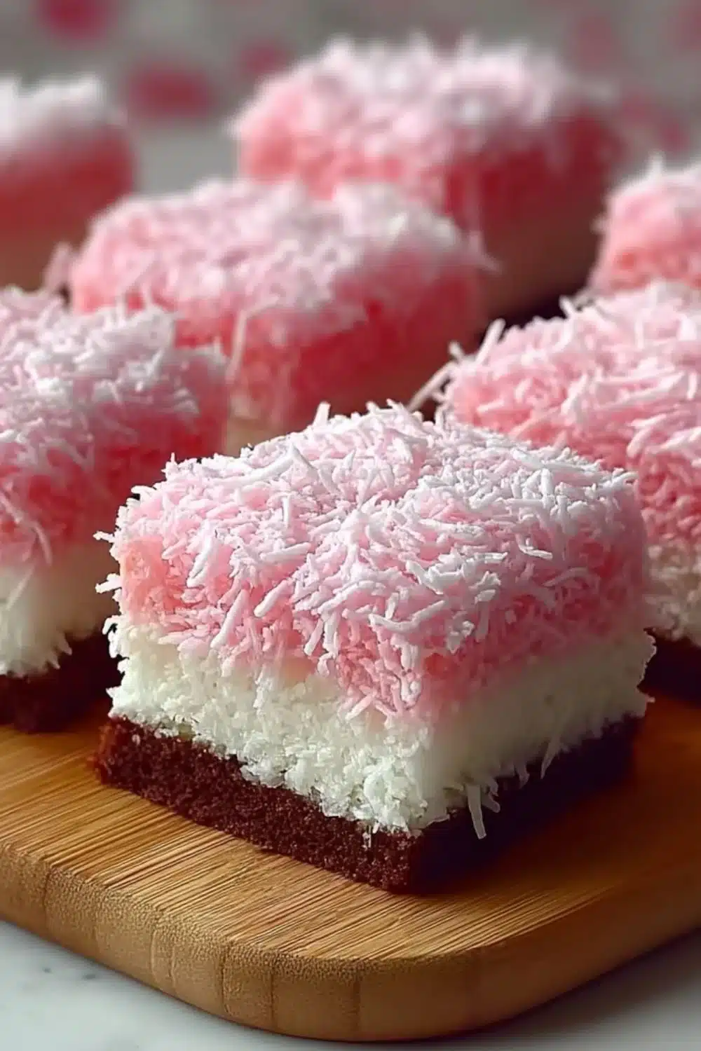 Pink Coconut Snowball Cake Bars topped with shredded coconut and pink frosting.