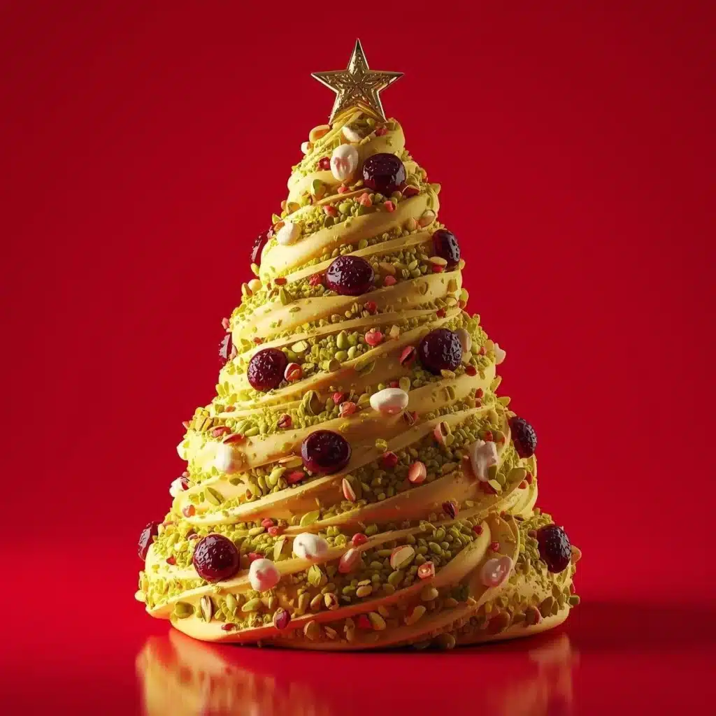 Festive Pistachio Cranberry Brie Swirl shaped like a Christmas tree