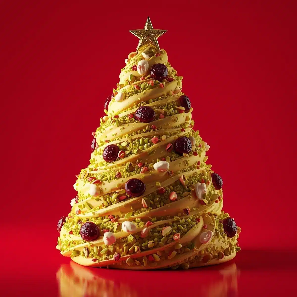 Festive Pistachio Cranberry Brie Swirl shaped like a Christmas tree