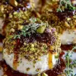 Pistachio-crusted brie rounds topped with fig jam glaze on a serving platter.