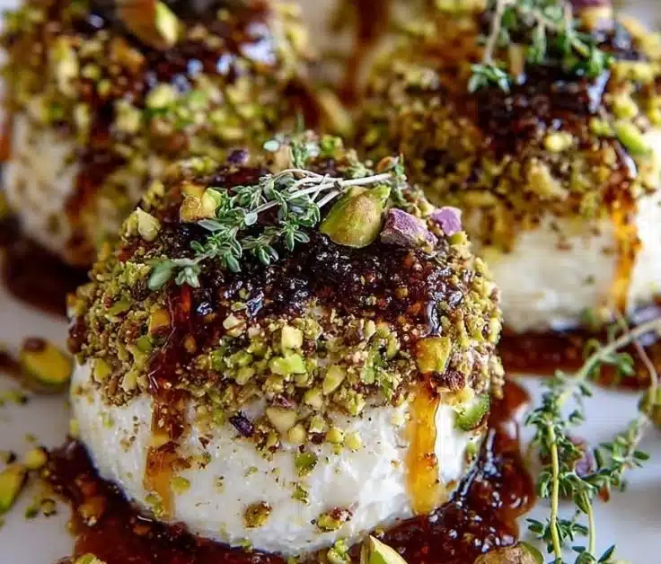 Pistachio-crusted brie rounds topped with fig jam glaze on a serving platter.