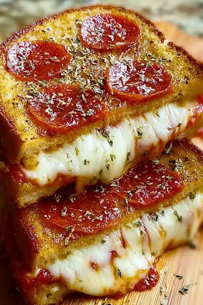 Mouth-watering Pizza Grilled Cheese sandwiches with gooey cheese and pizza toppings