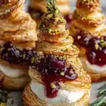 Puff Pastry Trees with burrata cheese and cranberry glaze, festive appetizer