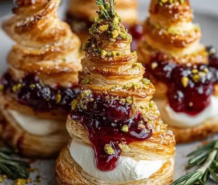 Puff Pastry Trees with burrata cheese and cranberry glaze, festive appetizer