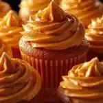 Delicious pumpkin spice cupcakes topped with cream cheese frosting
