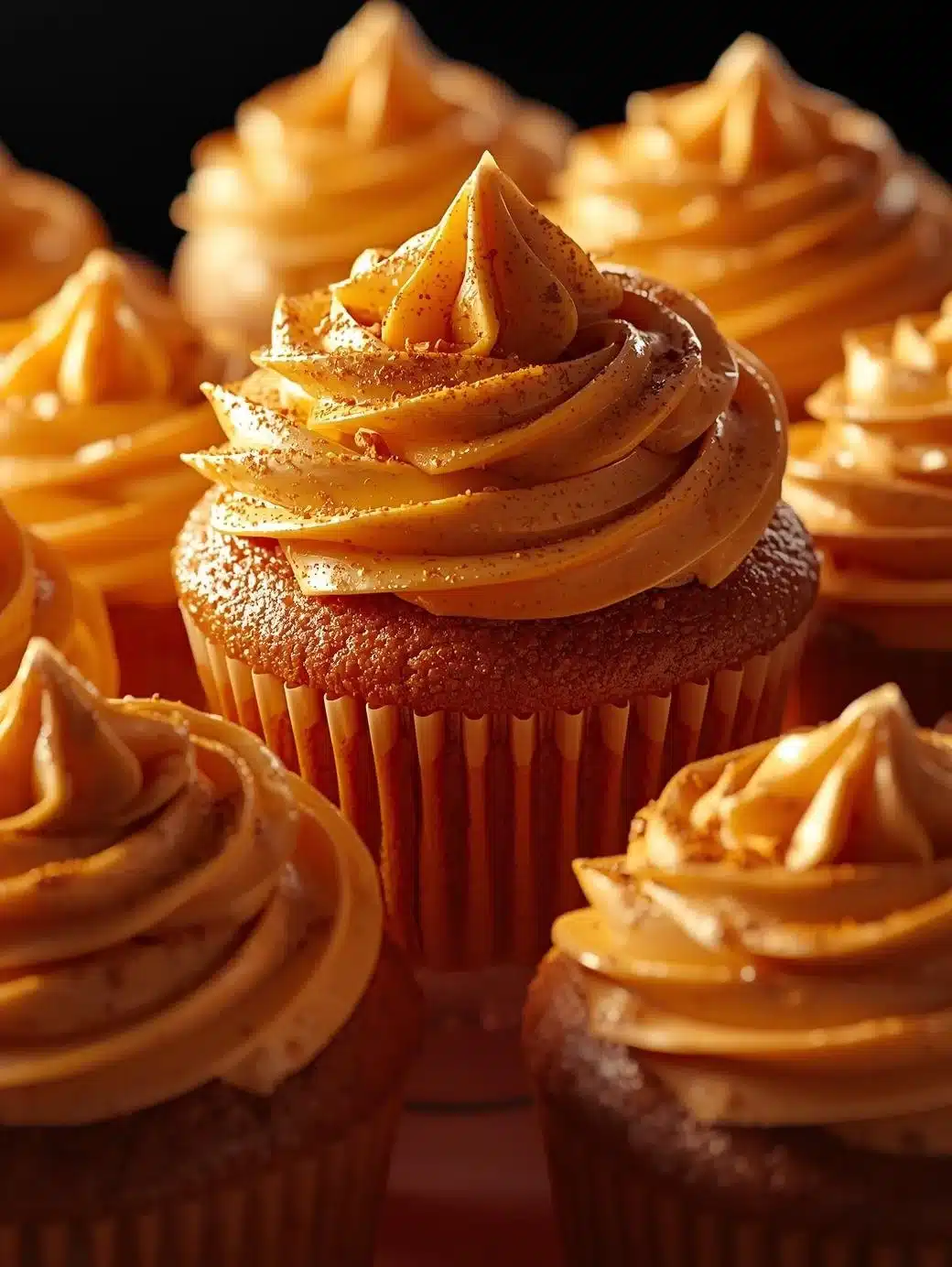 Delicious pumpkin spice cupcakes topped with cream cheese frosting