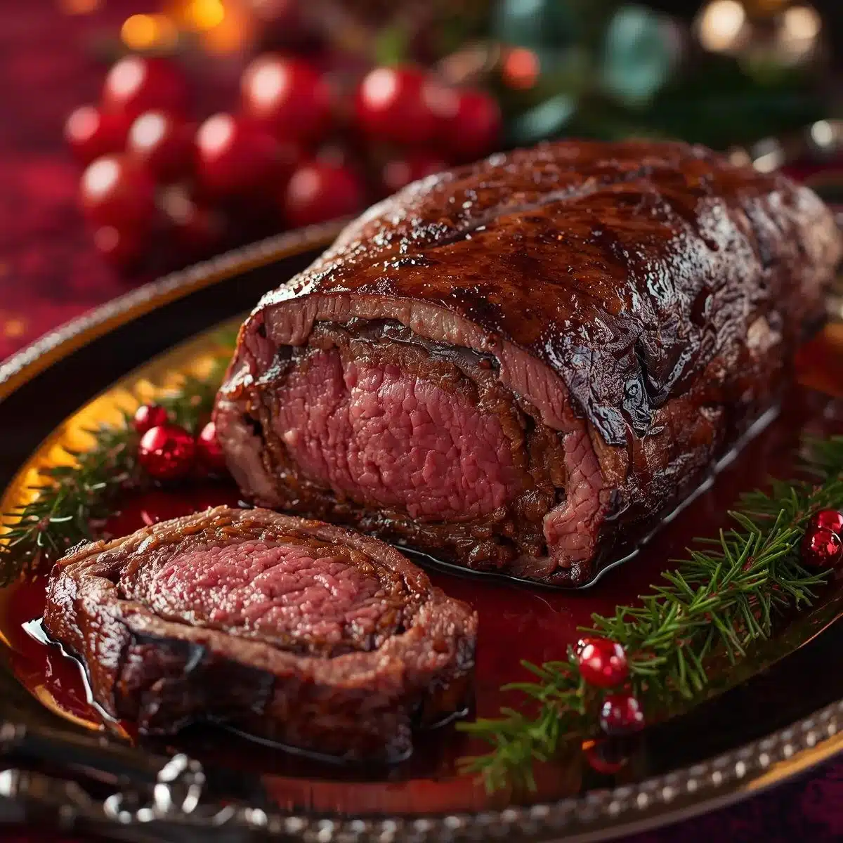 Quick Christmas stuffed beef tenderloin dish ready for the holiday table