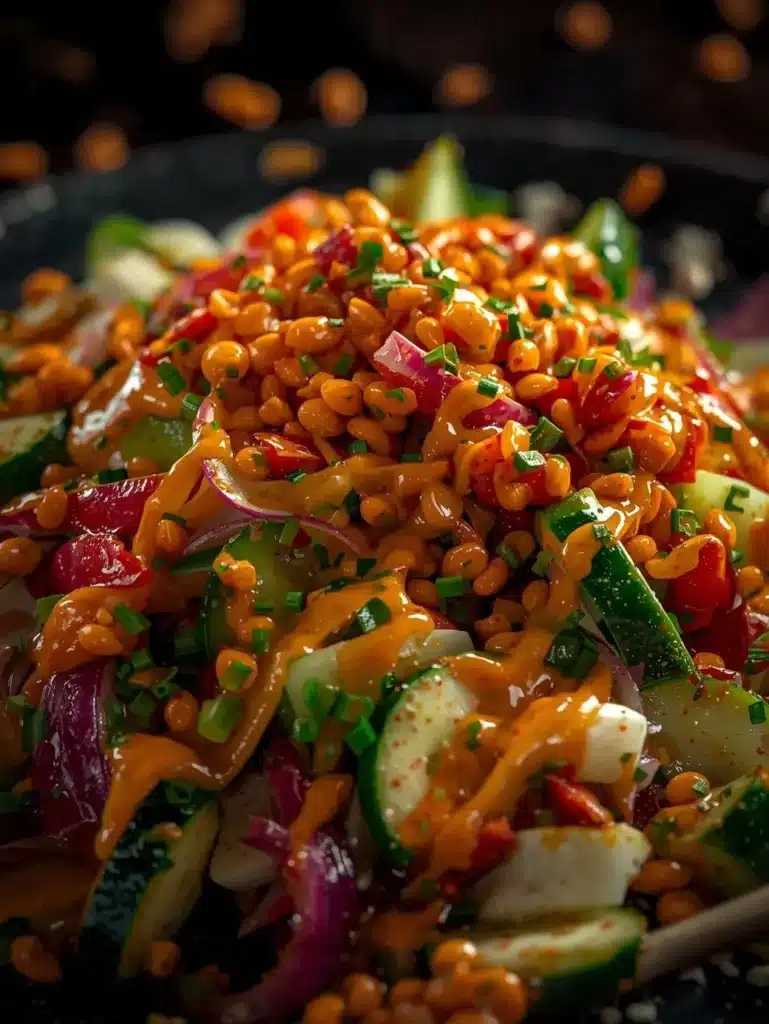 Spicy peanut cucumber salad with fresh vegetables in a bowl