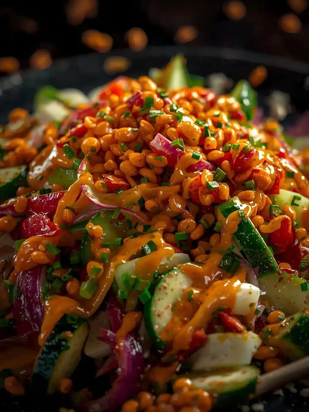 Spicy peanut cucumber salad with fresh vegetables in a bowl
