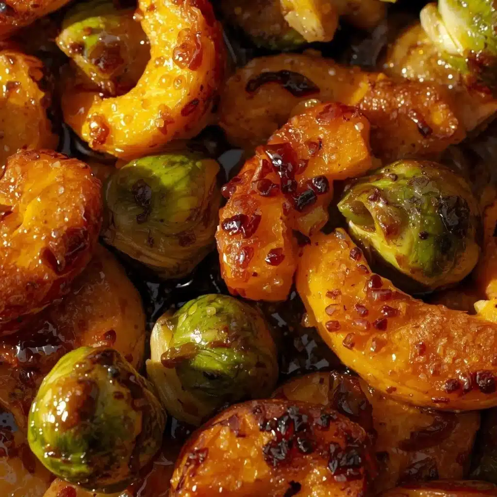 Roasted acorn squash and Brussels sprouts served in a bowl