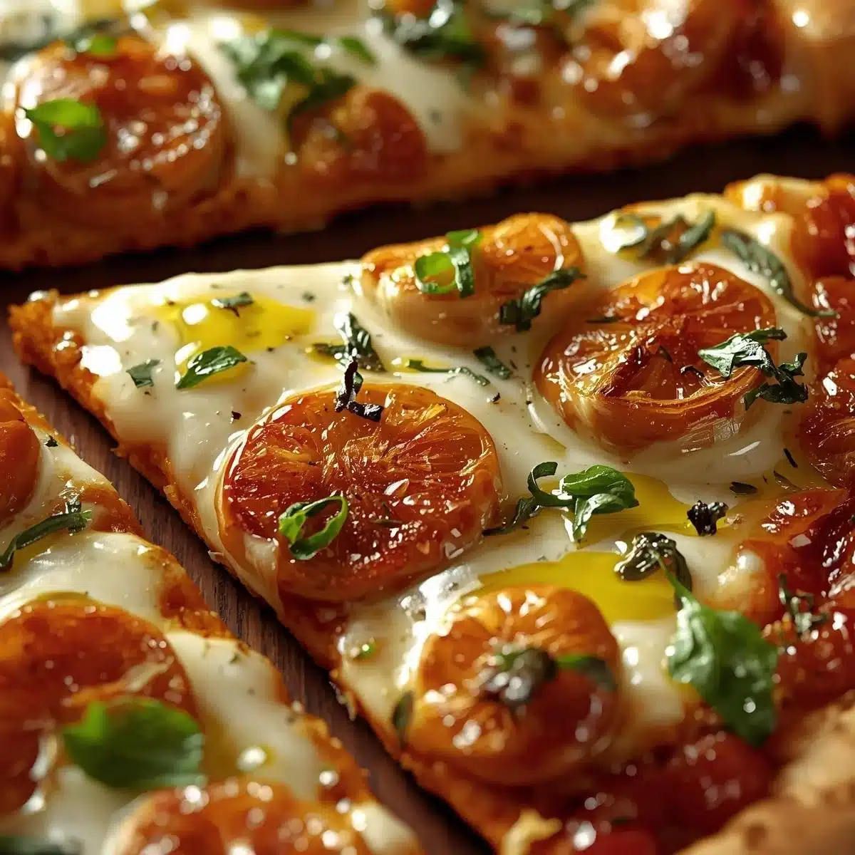 Delicious roasted garlic pizza topped with fresh ingredients and herbs.
