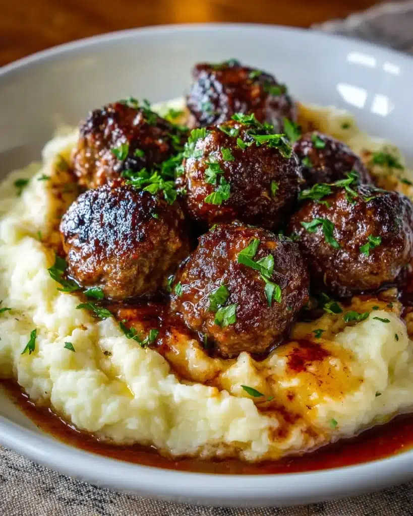 Salisbury steak meatballs with garlic herb mashed potatoes on a plate
