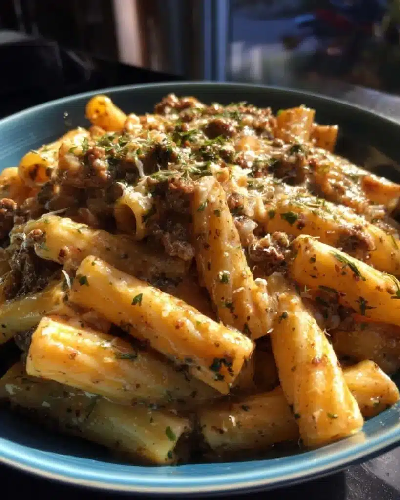 Bowl of creamy beef pasta cooked stovetop, ready in 30 minutes.