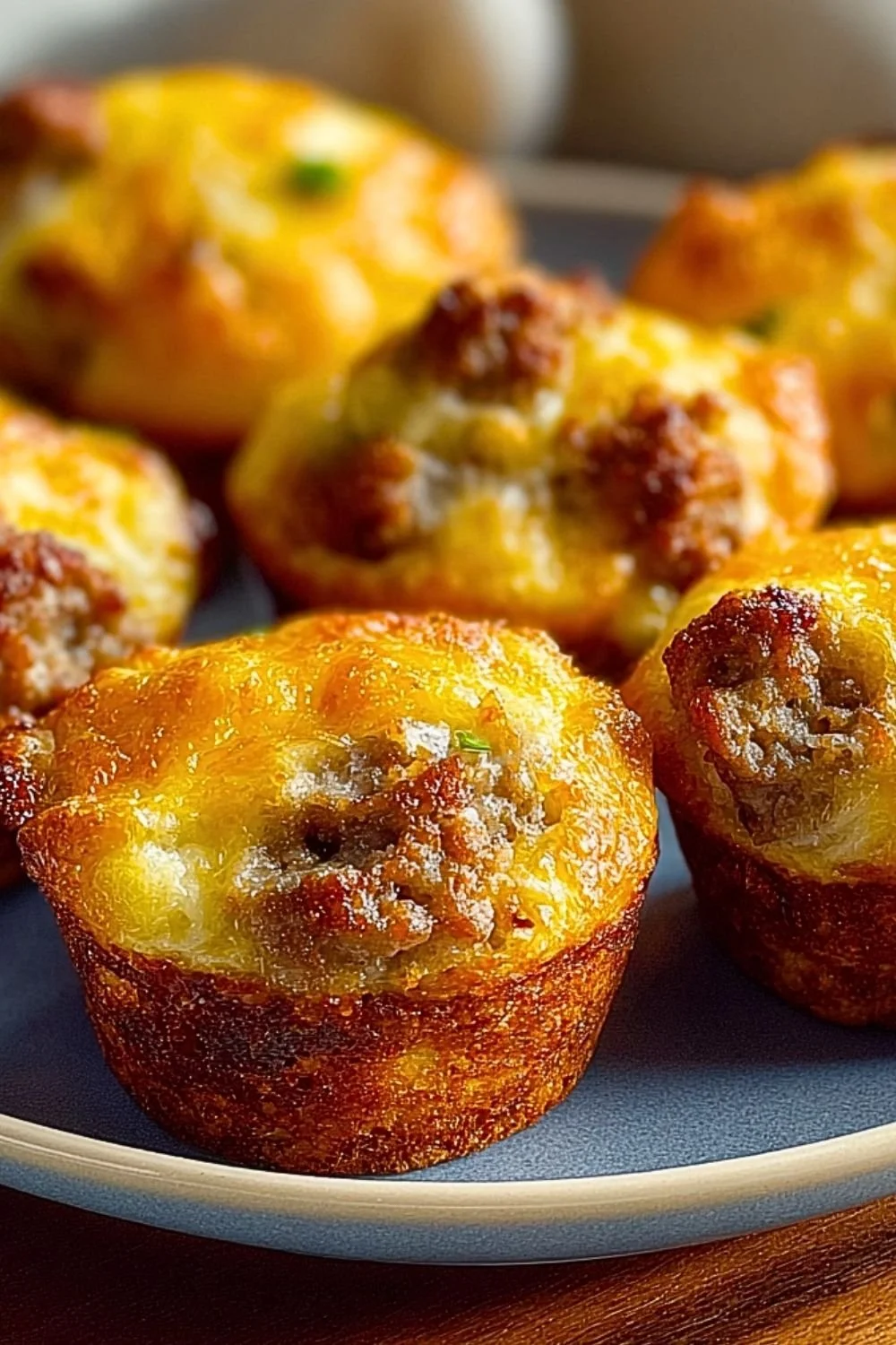 Freshly baked Sausage Breakfast Muffins on a wooden table