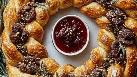 Festive sausage roll wreath ready for a holiday celebration