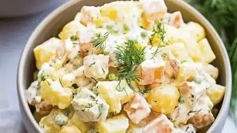 A bowl of traditional Olivier Salad with potatoes, vegetables, and dressing
