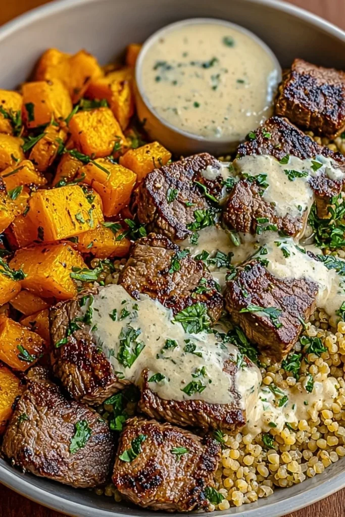 Delicious butternut squash and garlic herb steak bowls served in a rustic setting
