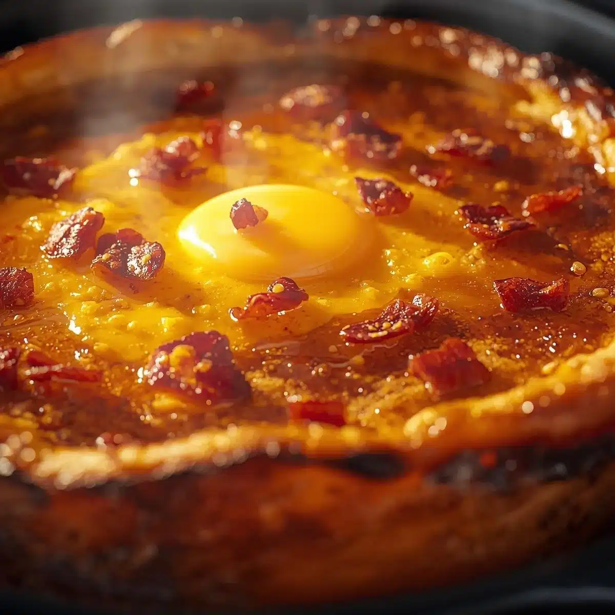 Savory cheddar bacon Dutch baby served in a cast iron skillet