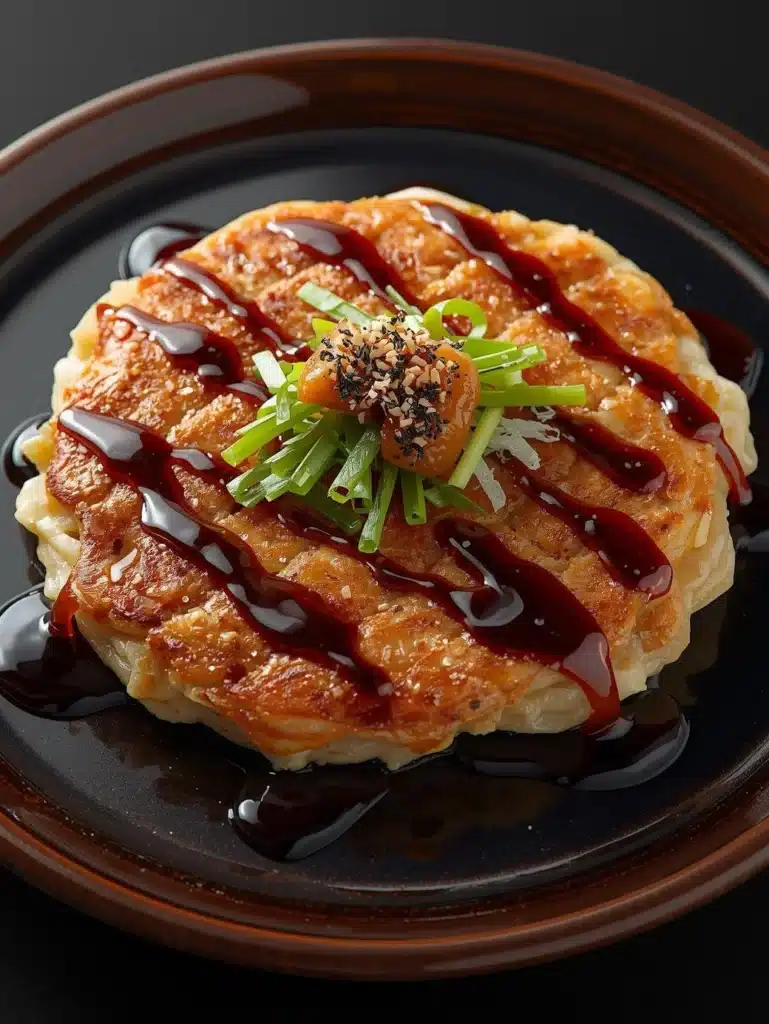 Savory okonomiyaki pancakes filled with fresh vegetables served on a plate