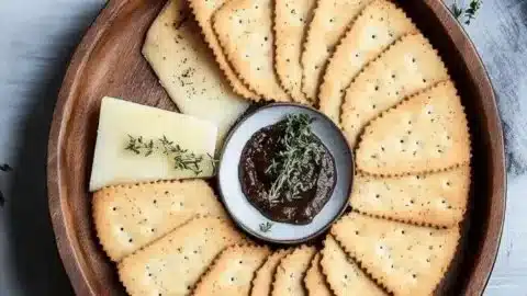 Savory Parmesan and thyme crackers served on a wooden platter