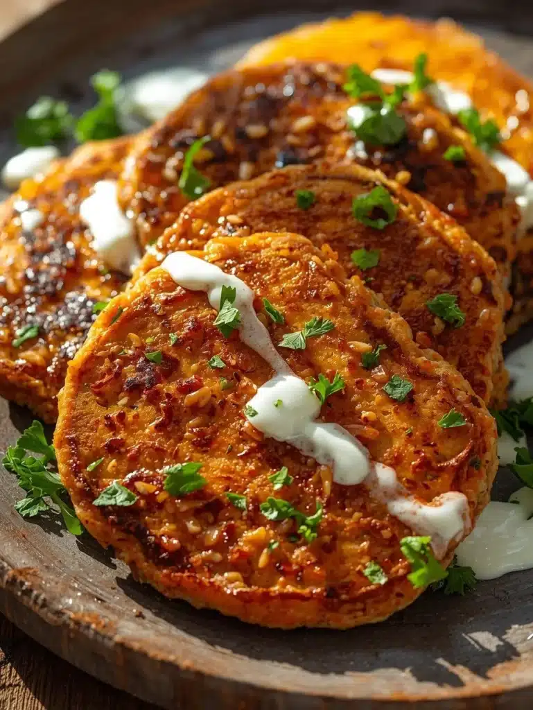 Savory red lentil pancakes topped with herbs and served on a plate