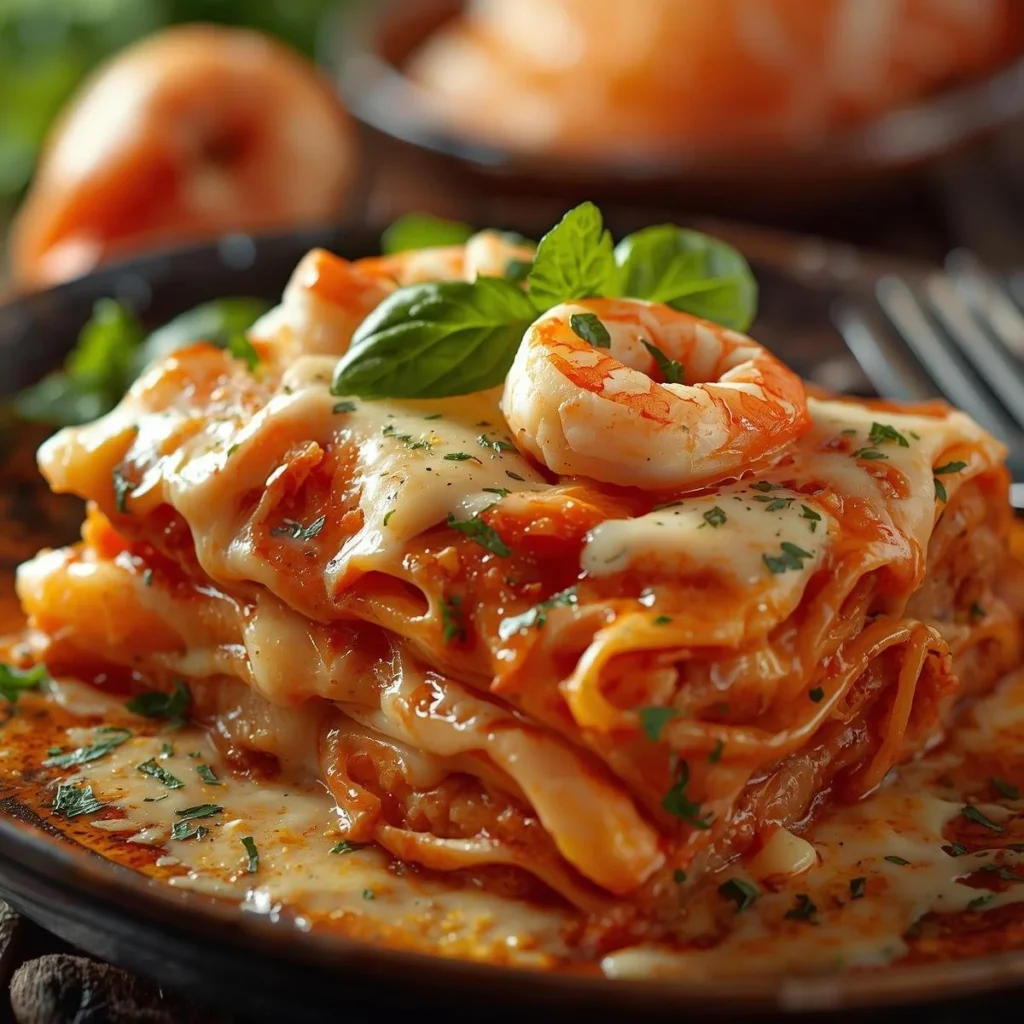Delicious seafood lasagna with layers of shrimp, scallops, and creamy sauce