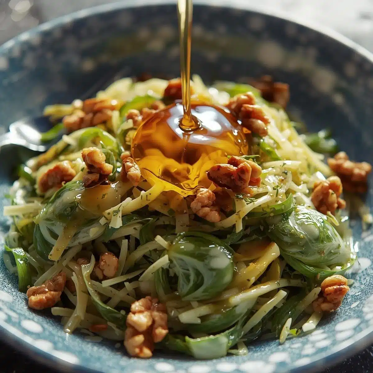 Shaved Brussels sprouts salad with walnuts and honey topped with fresh herbs.