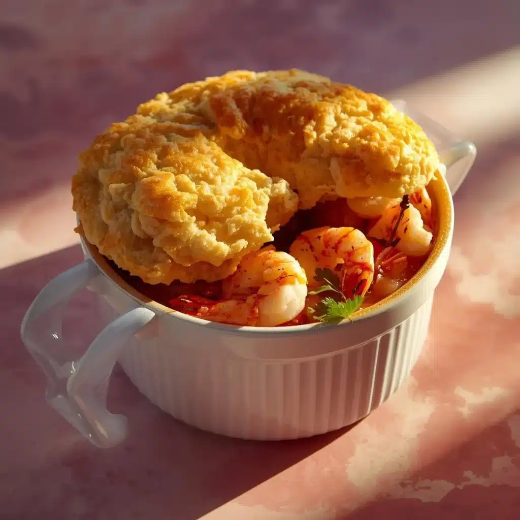 Delicious shrimp and lobster biscuit pot pie with golden crust