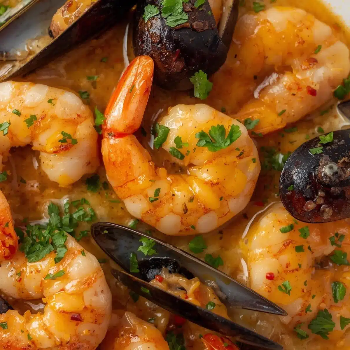 Shrimp and mussels in creamy garlic sauce served in a bowl