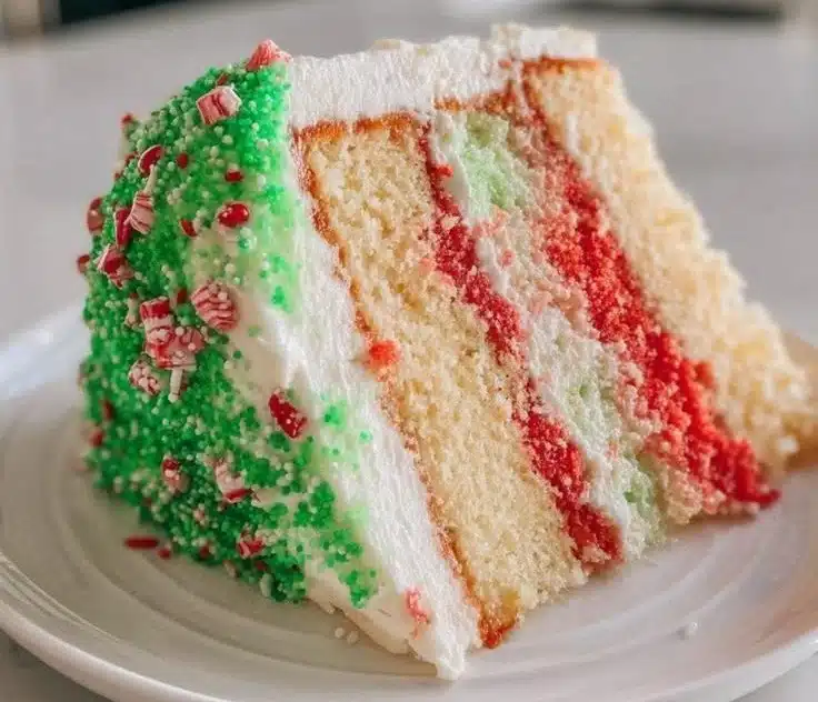 Simple Christmas Cake decorated with festive icing and seasonal fruits