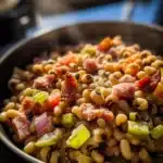Bowl of Southern Black Eyed Peas served in a rustic setting.