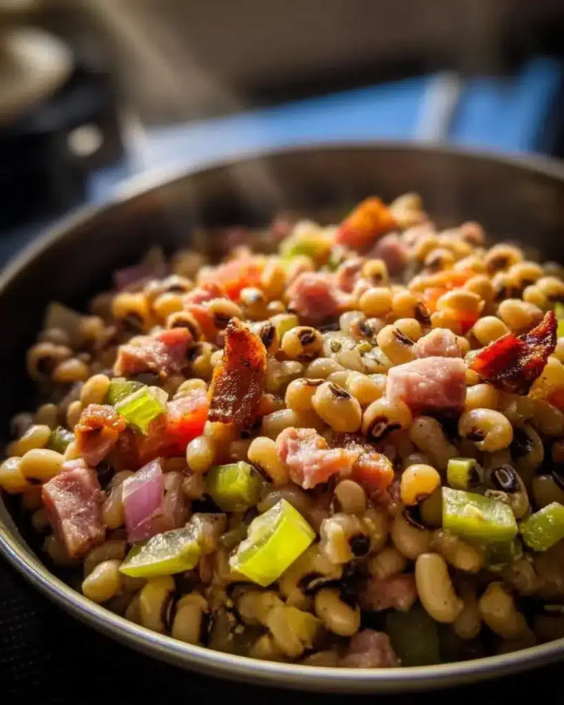 Bowl of Southern Black Eyed Peas served in a rustic setting.