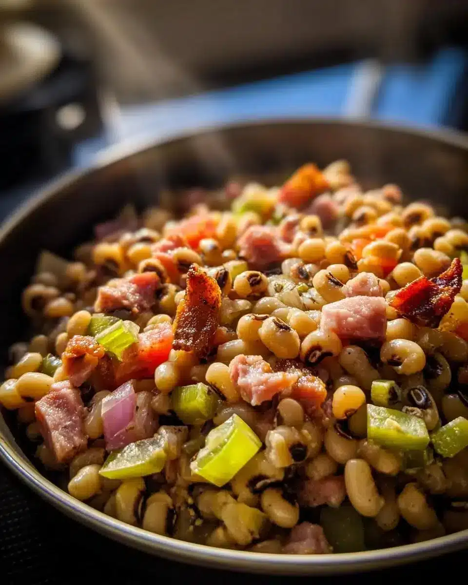 Bowl of Southern Black Eyed Peas served in a rustic setting.