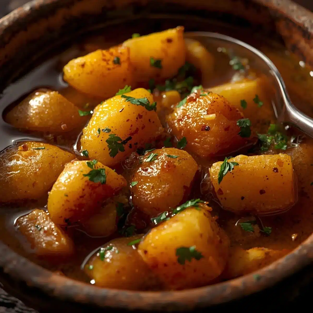 Delicious Southern stewed potatoes in a bowl, garnished with herbs.